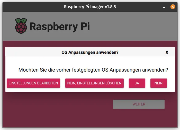Eine Abbildung des Einrichtungsassistenten des Raspberry Pi Imager. Ein geöffnetes Fenster fragt den Benutzer, ob er die OS Anpassungen verwenden möchte.