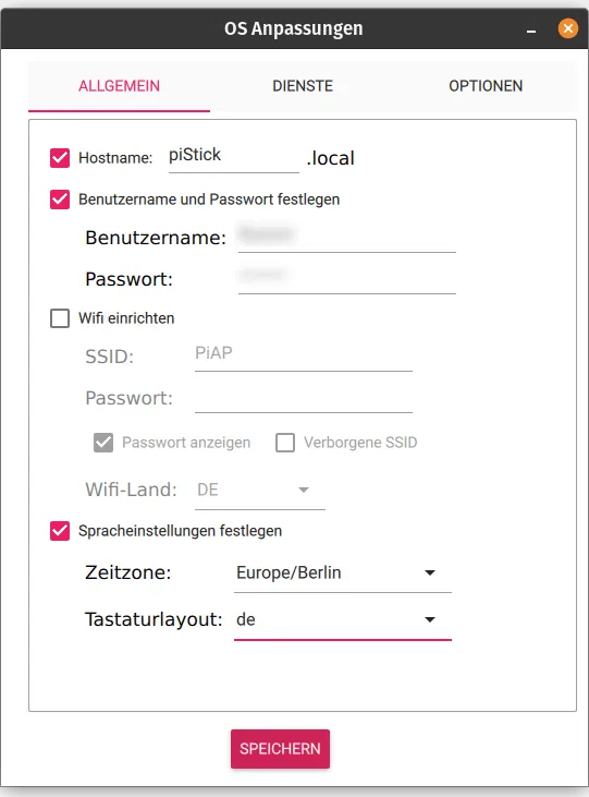 Darstellung des Reiters "ALLGEMEIN" der OS Anpassungen des Raspberry Pi Imager und die verschiedenen Einstellungsmöglichkeiten.