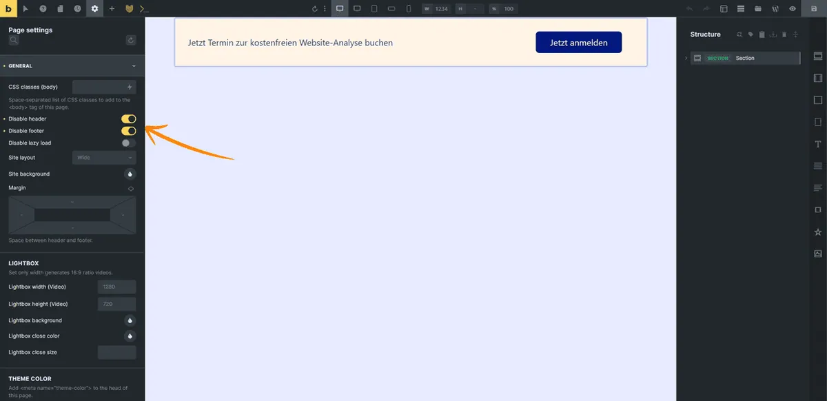 Header und Footer in Bricks deaktivieren