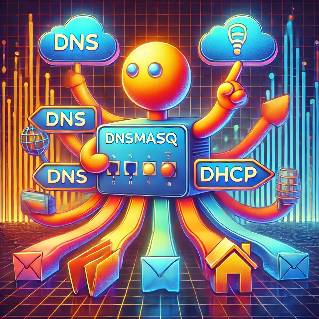 Eine künstlerische Darstellung der Funktionsweise von dnsmasq. Im Zentrum steht ein Cartoon-ähnlicher Server, der als freundlicher Verkehrsleiter agiert. Der Server zeigt mit zwei Schildern auf 'DNS' (mit einer Wolke als Symbol) und 'DHCP' (mit einem Haus als Symbol). Um den Server herum fließen farbenfrohe Datenpakete, die wie Briefe geformt sind, zu ihren jeweiligen Zielen. Der Hintergrund besteht aus einem digitalen Raster mit lebhaften Neonfarben, das Konnektivität symbolisiert. Das Bild vermittelt auf kreative Weise die duale Funktion von dnsmasq.