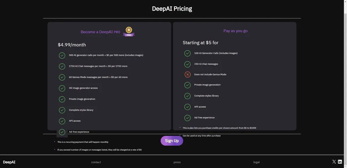 Die Preise von DeepAI. Einmalige Zahlung oder Abo-Modell.