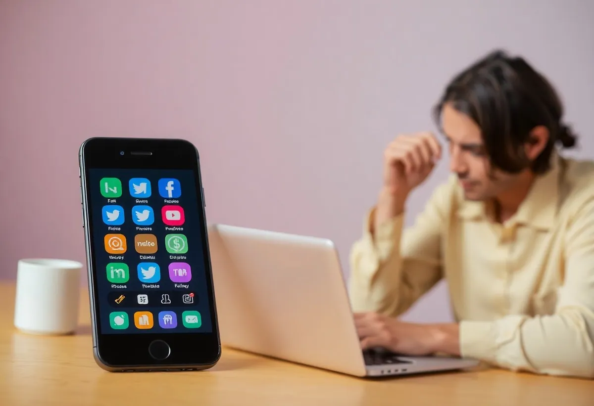 Ein Smartphone mit Apps wie Facebook, Twitter und Instagram steht im Vordergrund, während eine Person im Hintergrund am Laptop arbeitet. Das Bild symbolisiert die Themen rund um den Kauf von Followern auf Plattformen wie Instagram und TikTok.