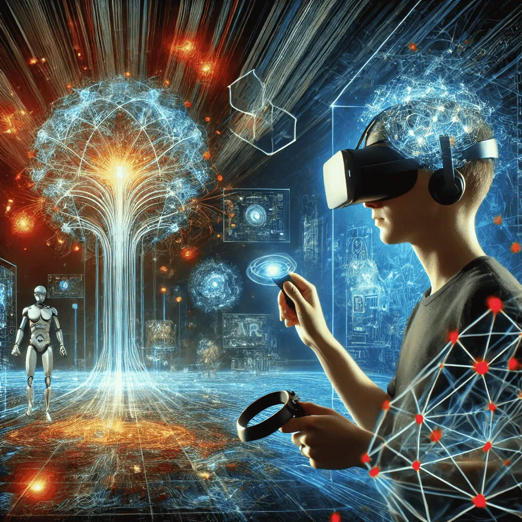 Ein immersives Gaming-Szenario, das die Integration von Virtual Reality (VR) und Künstlicher Intelligenz (KI) zeigt. Eine Person mit einem modernen VR-Headset interagiert mit einer dynamischen virtuellen Welt, die von leuchtenden neuralen Netzwerken und futuristischen Spielelementen umgeben ist. Das Bild unterstreicht die Verschmelzung von VR und KI, die Innovation und Technologie im Gaming repräsentiert.