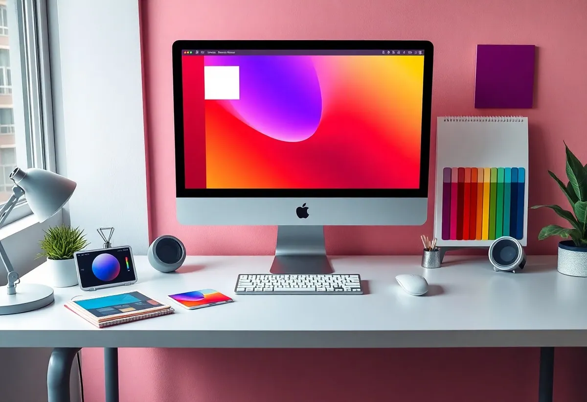 Ein moderner Arbeitsplatz mit einem iMac, der ein Farbverlauf-Design in lebendigen Komplementärfarben wie Rot, Violett und Gelb auf dem Bildschirm zeigt. Der Schreibtisch ist in einem minimalistischen Stil eingerichtet, mit einem Farbfächer auf einem Block, der verschiedene Farbtöne darstellt. Daneben befindet sich ein Tablet mit einem digitalen Farbkreis, das die Theorie der Komplementärfarben visualisiert. Eine weiße Schreibtischlampe, kleine Pflanzen und Lautsprecher runden die Ästhetik des Designs ab. Der Hintergrund ist in einem sanften Rosa gehalten, das die harmonische Wirkung der Farbkombinationen unterstreicht.