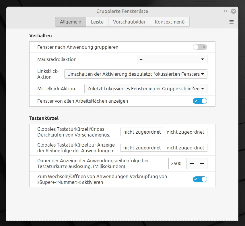 Linux Mint: Taskleisten-Gruppierung aufheben. Das Bild zeigt die Einstellungen für die Ansicht der gruppierten Fensterliste unter Linux Mint.