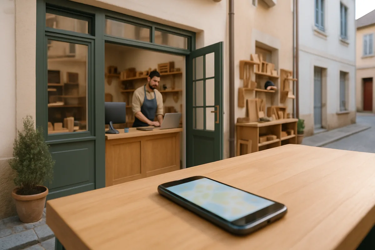 Schaufenster eines kleinen Handwerksbetriebs in einer Einkaufsstraße, davor ein Smartphone mit unscharfer Kartenansicht