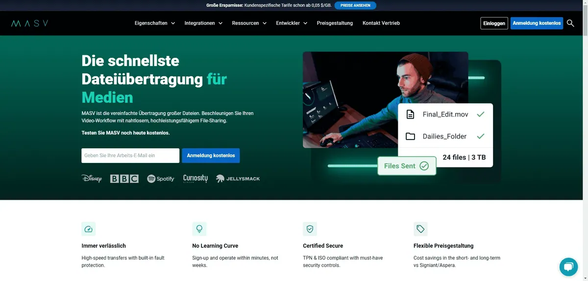Mit MASV (massive.io) können Sie einzelne Dateien mit einer Größe von bis zu 15 TB versenden.