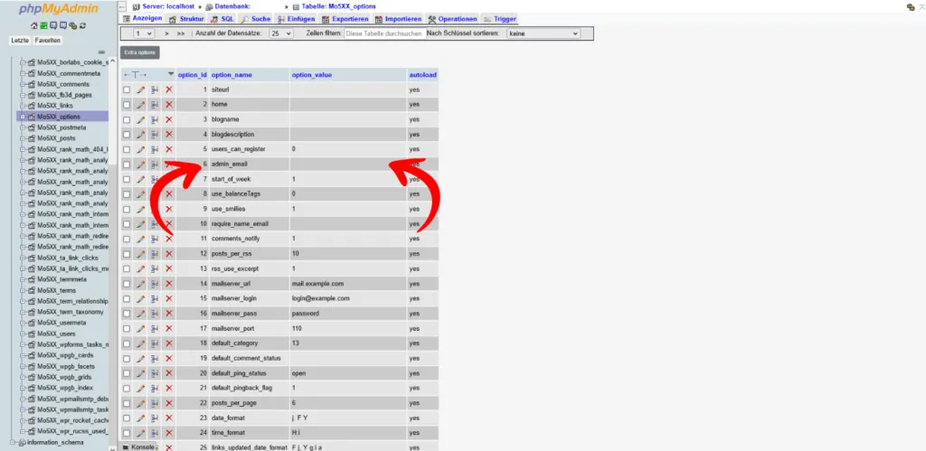 Options in phpMyAdmin finden, um WordPress Admin E-Mail Adresse zu ändern.