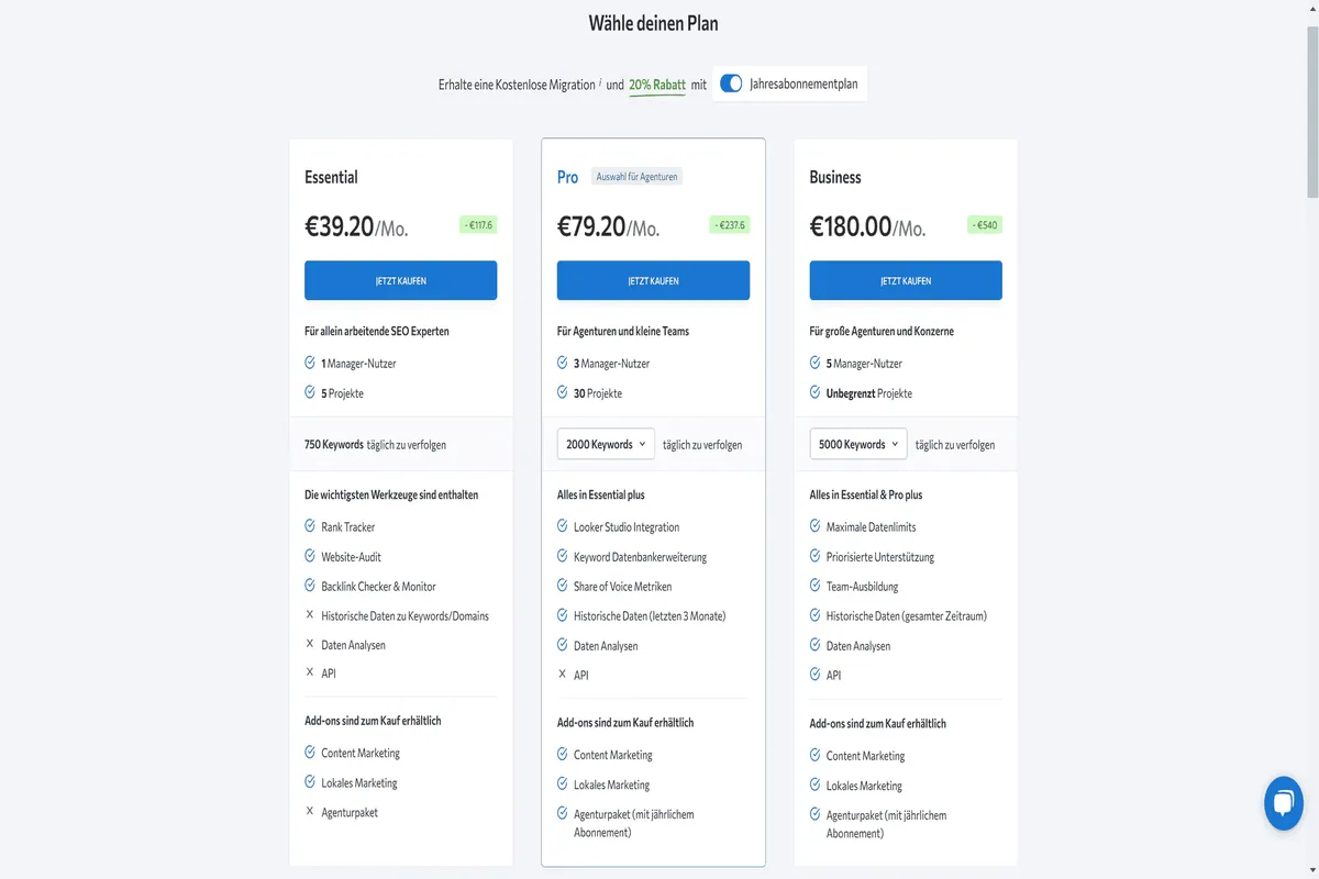 Die Preise von SE Ranking bei jährlicher Zahlung. Hier können Sie nochmal 20% sparen im Vergleich zur monatlichen Zahlung.