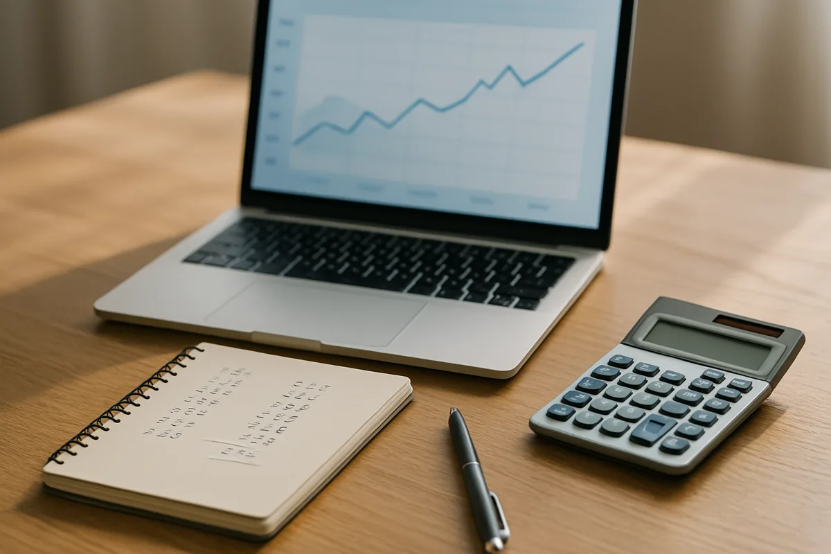 Schreibtisch mit Laptop mit steigender Statistik-Kurve, Notizbuch und Taschenrechner zur Planung von SEO-Kosten