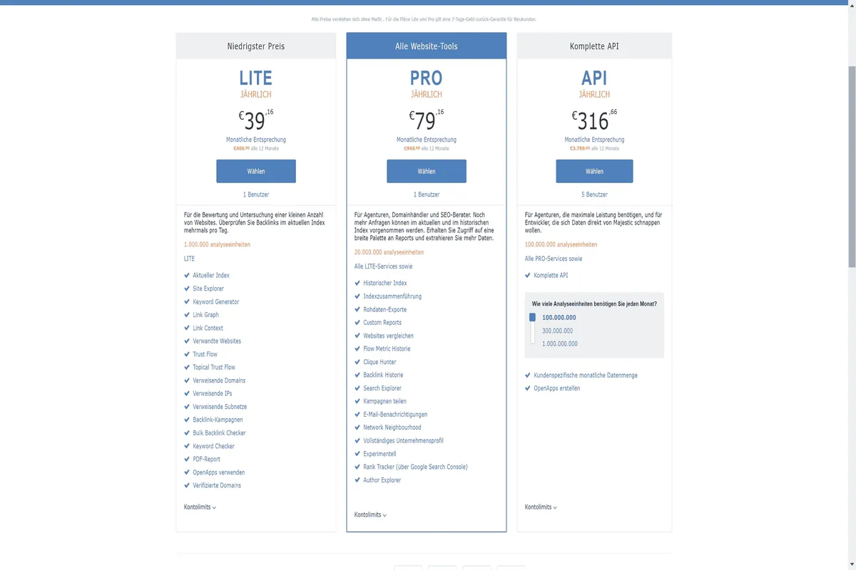 Die Preise vom SEO-Tool Majestic.