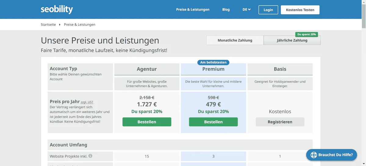 Die Preisstrukturen des SEO-Tools seobility bei jährlicher Zahlungsweise.