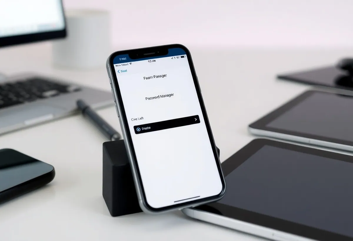 Smartphone auf einem Schreibtisch, das eine geöffnete Passwort-Manager-App zeigt, umgeben von mehreren technischen Geräten wie Laptop und Tablets. Darstellung von moderner Technologie und Passwortsicherheit.