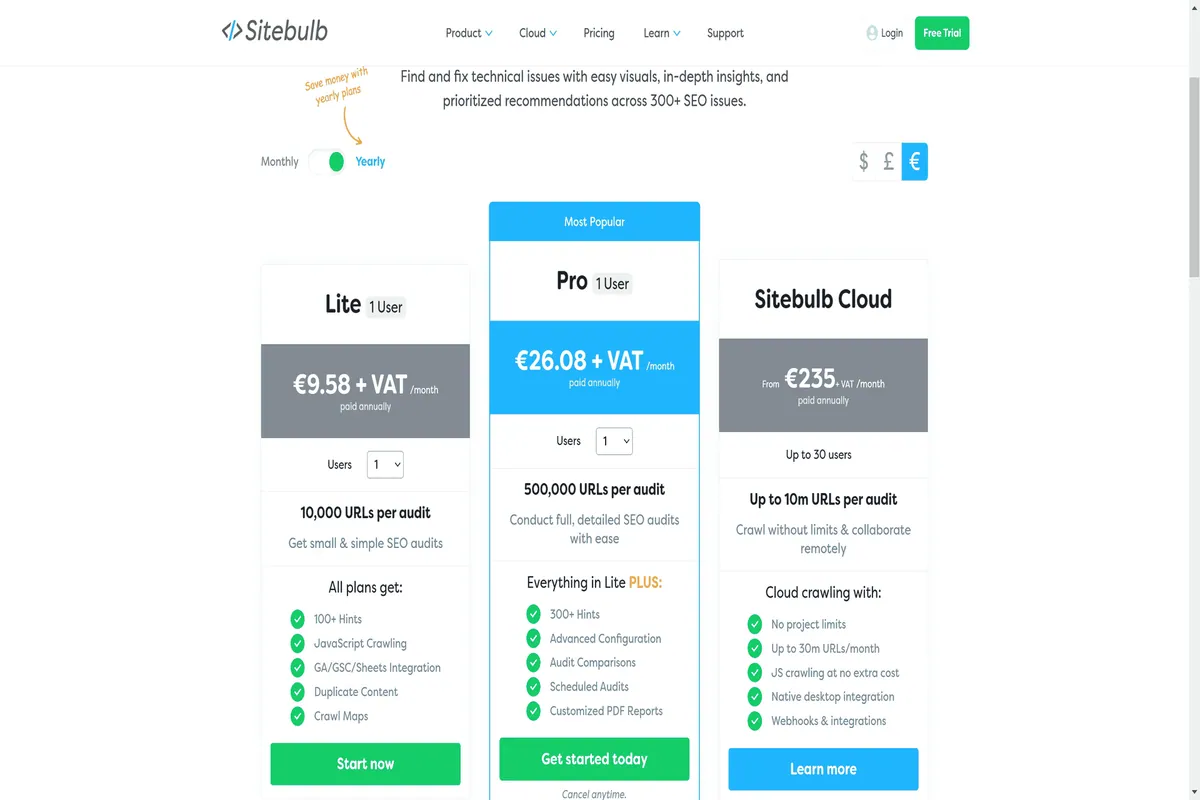 Die Preise vom SEO-Tool Sitebulb.