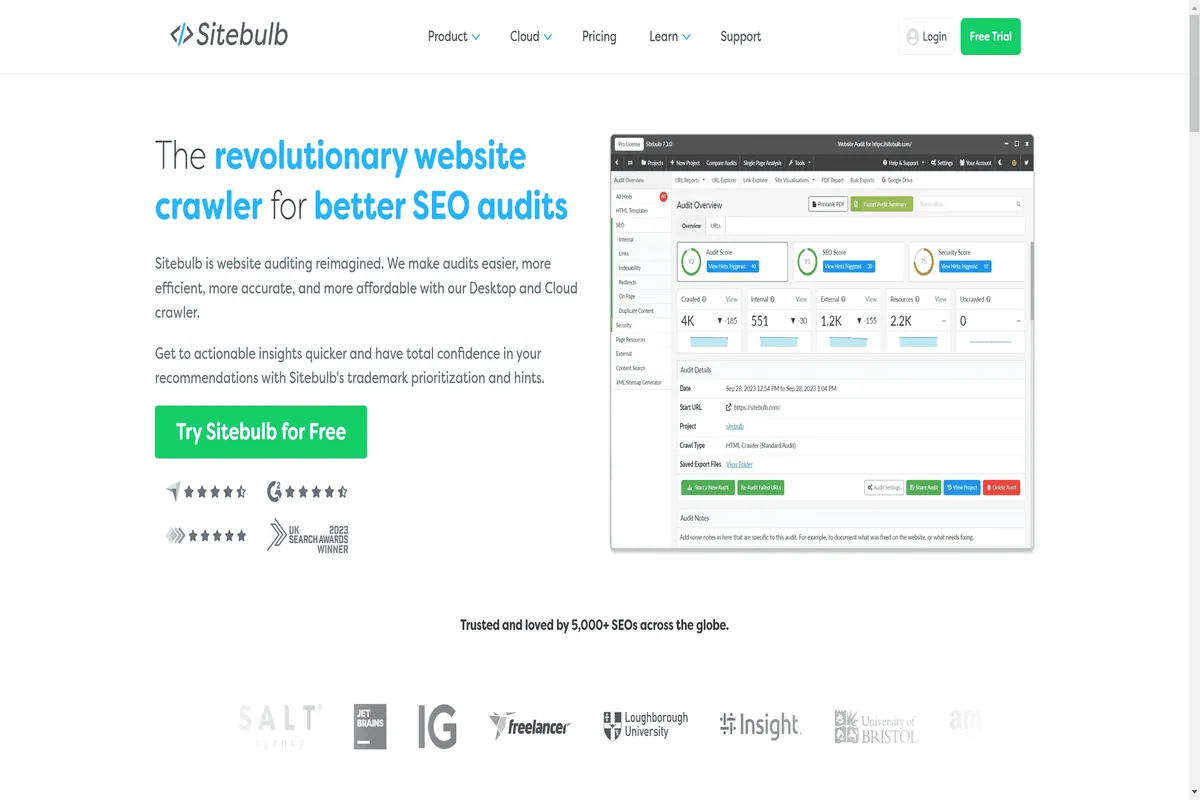 Die Startseite von Sitebulb.