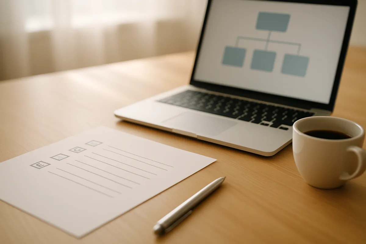 Schreibtisch mit ausgedruckter Checkliste, Laptop mit Seitenstruktur-Diagramm und Kaffeetasse im Tageslicht