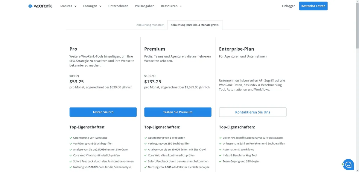 Die Preise von WooRank.