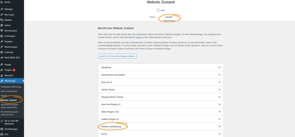 Über den WordPress Website-Zustand das aktuelle Upload-Limit herausfinden