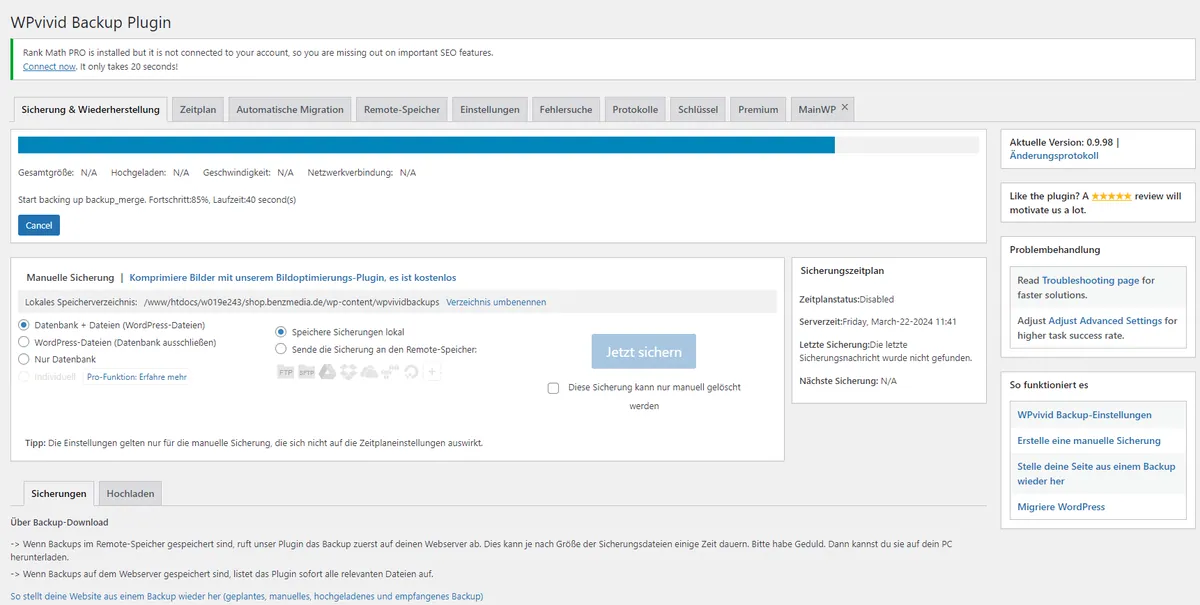 Backup erstellen mit dem WordPress-Plugin WPvivid