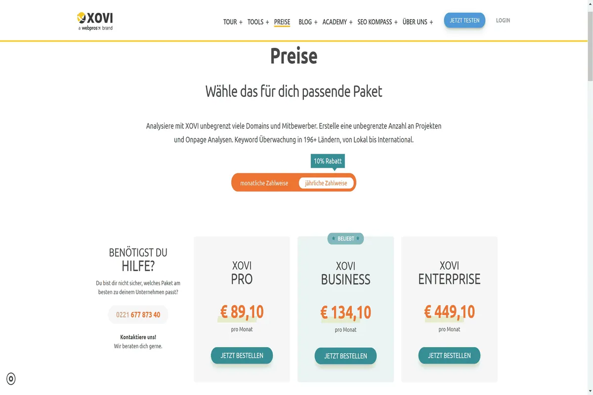 Die Preise von XOVI bei jährlicher Zahlungsweise