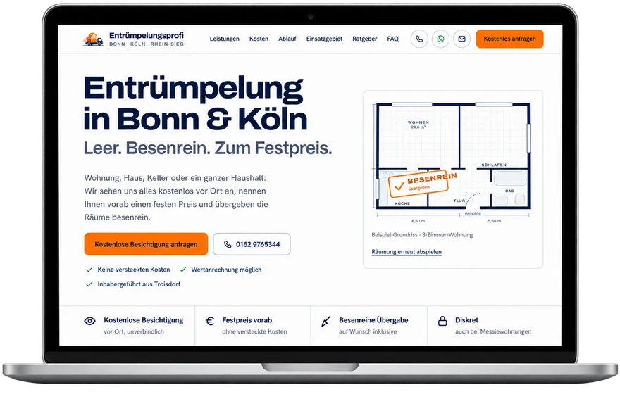 Website von Entrümpelungsprofi Bonn auf einem Laptop