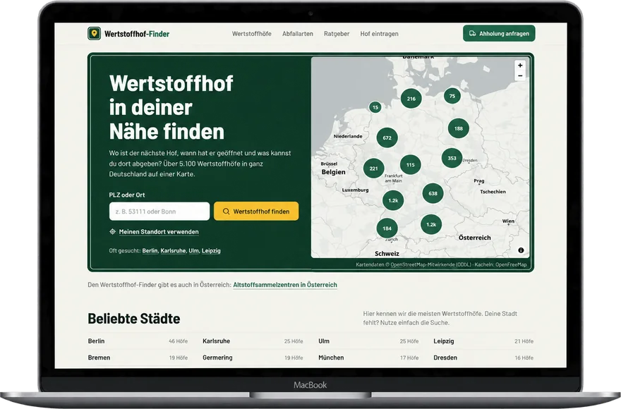 Website von Wertstoffhof-Finder auf einem Laptop