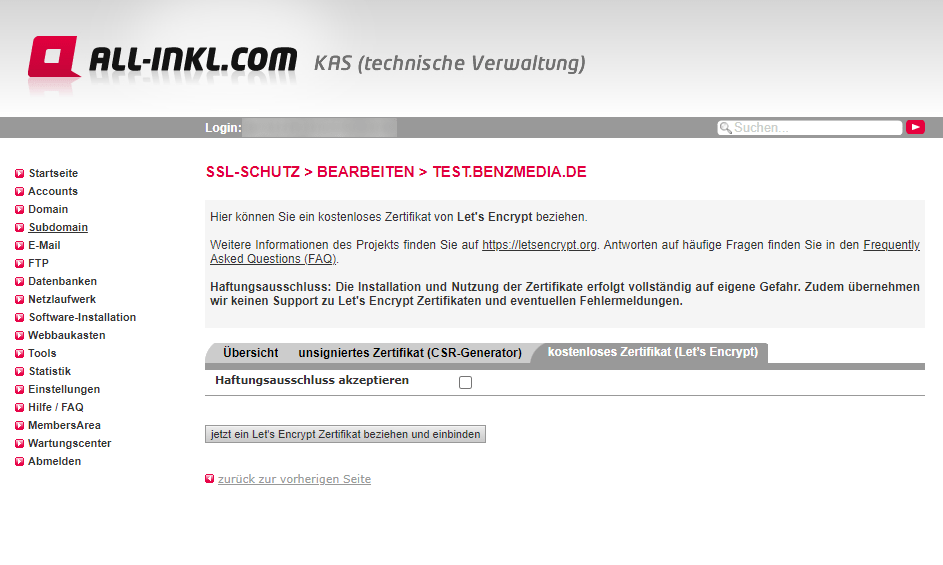 All-Inkl SSL Zertifikat Let's Encrypt