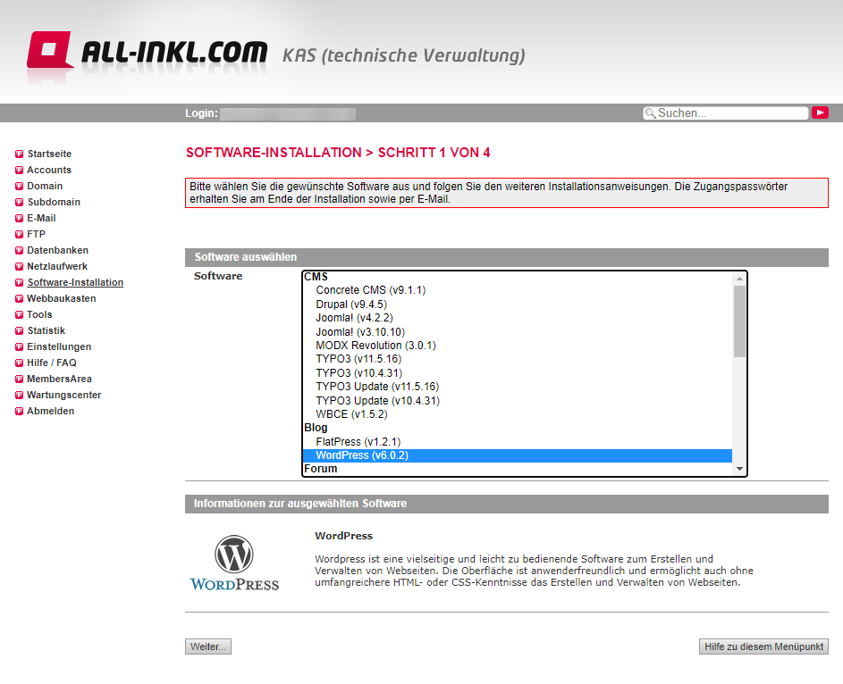 All-Inkl Software Installer WordPress automatisch installieren