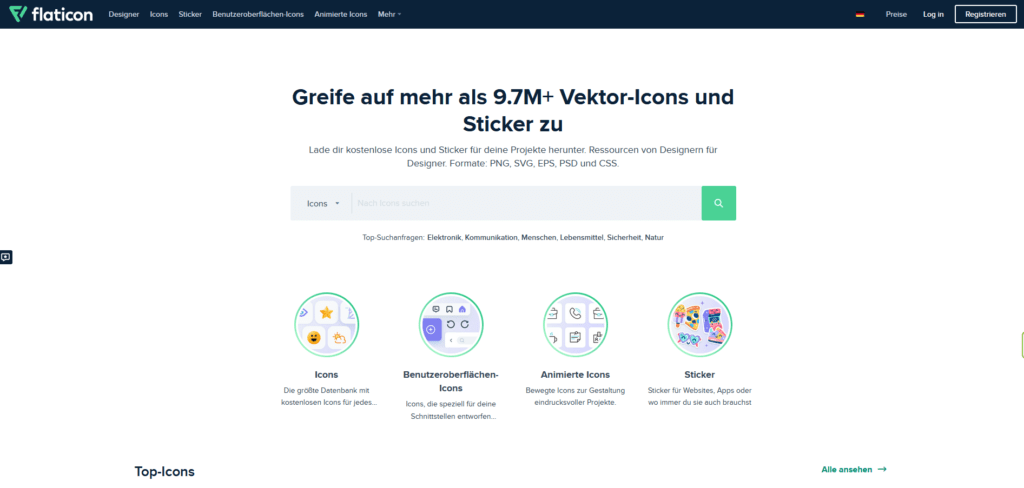 Die Startseite von Flaticon