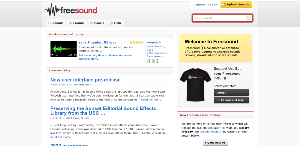 Die Startseite von Freesound