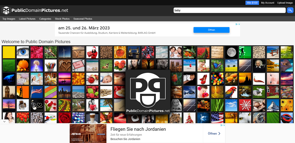 Die Startseite von PublicDomainPictures