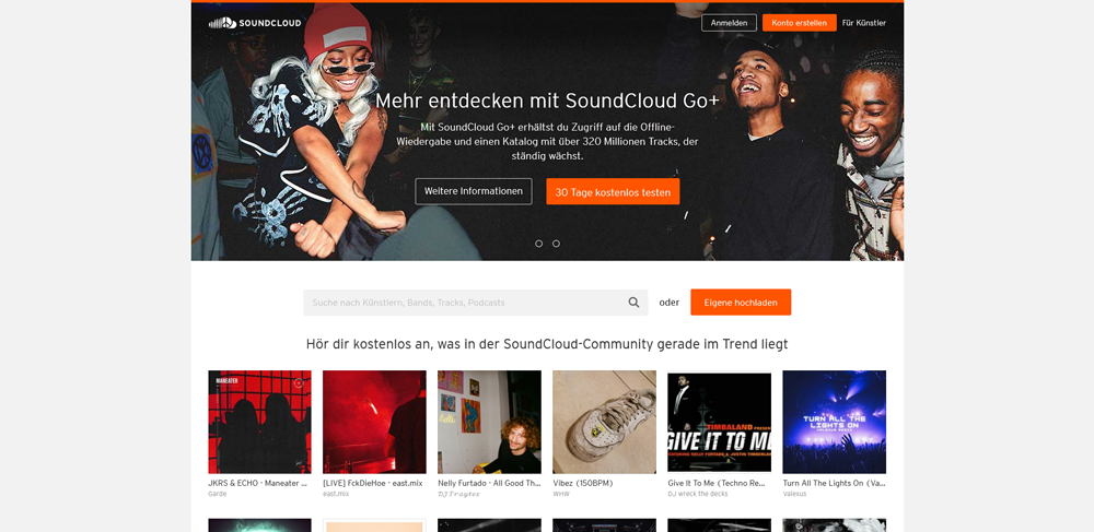 Die Startseite von Soundcloud