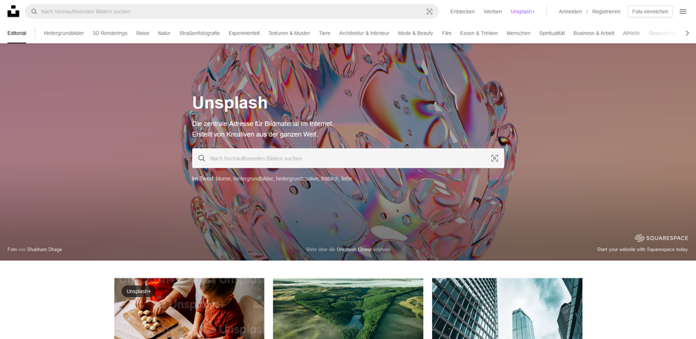 Die Startseite von Unsplash