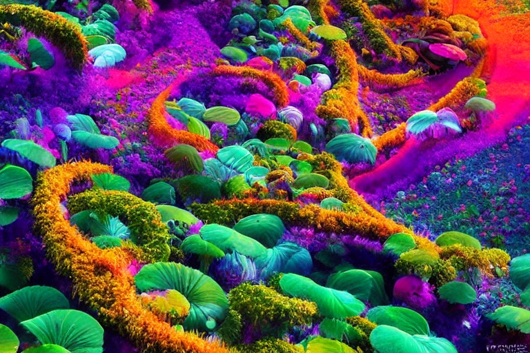 Wunderschöne Fantasiewelt mit leuchtenden Regenbogenfarben und quallenähnlichen Pflanzen - Bild mit der KI von DeepAI erstellt.