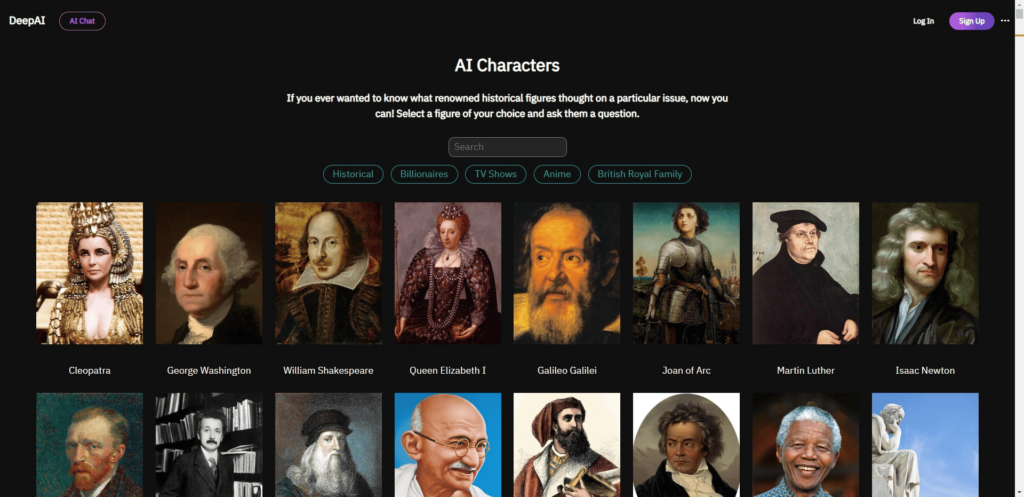 DeepAI - Führe eine Konversation mit über 150 berühmten Persönlichkeiten aus Vergangenheit und Gegenwart.
