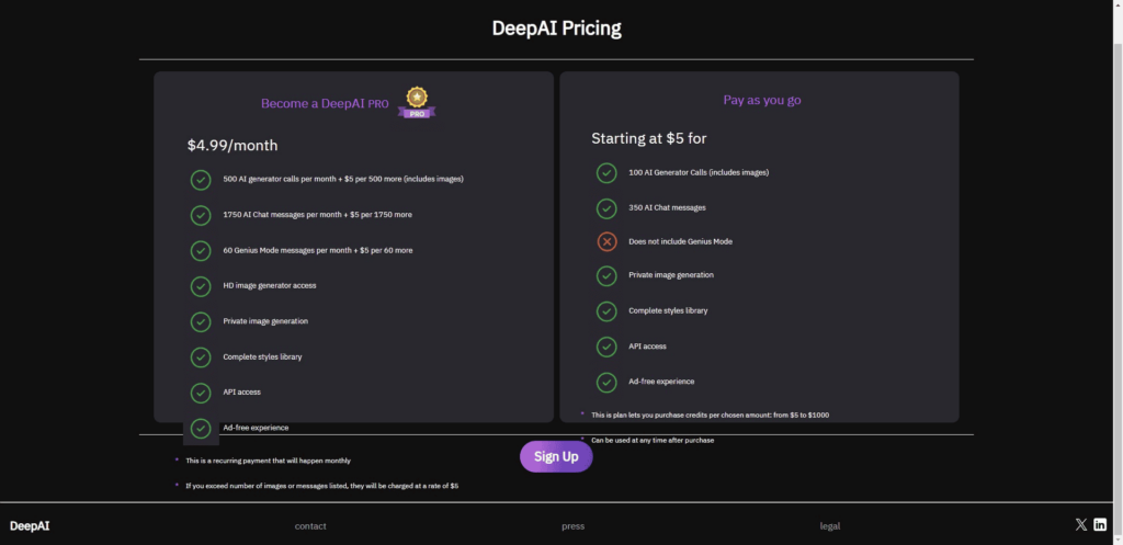 Die Preise von DeepAI. Einmalige Zahlung oder Abo-Modell.