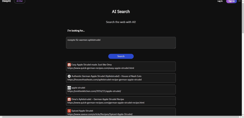 DeepAI Search - Durchsucht das Internet nach deinen Eingaben / Prompts.