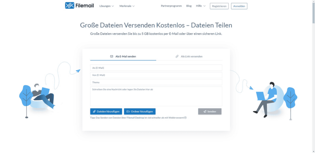 Mit Filemail kannst du bis zu 5GB kostenlos per E-Mail verschicken.