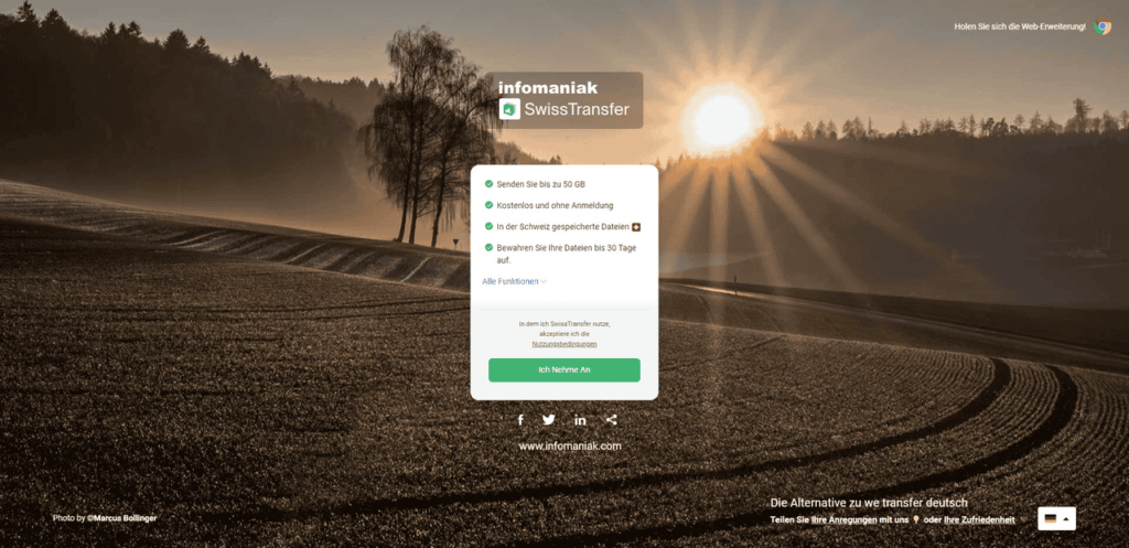 Mit SwissTransfer kostenlos und ohne Anmeldung bis zu 50GB große Dateien kostenlos per E-Mail senden.