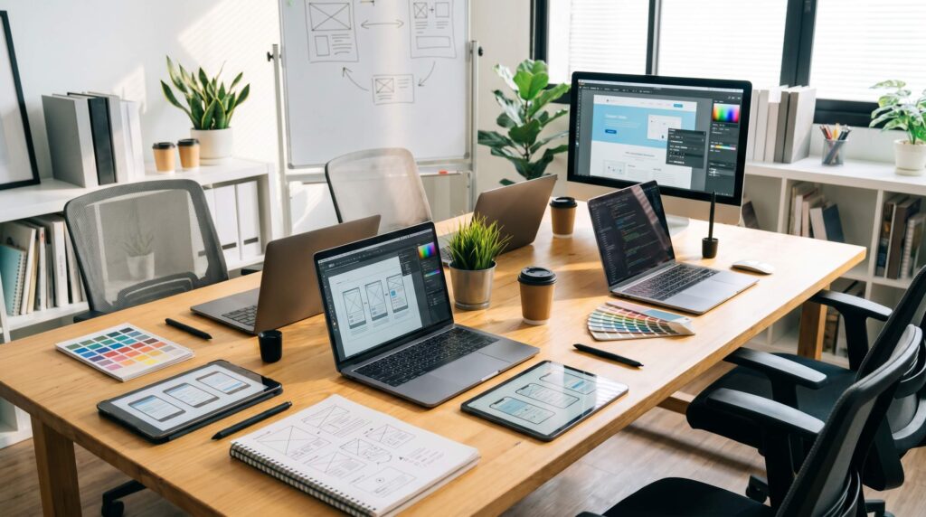 Professioneller Arbeitsplatz für Webdesign mit Website-Entwürfen, Laptops und Wireframes zum Thema Website erstellen lassen.