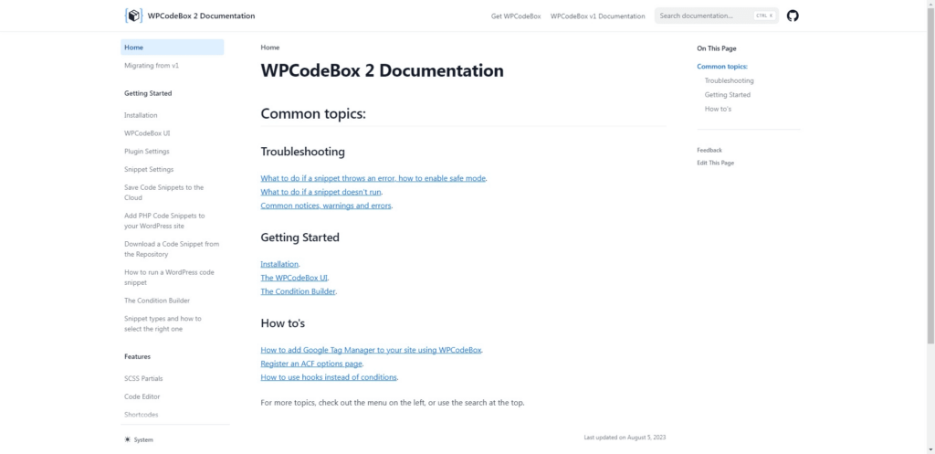 Die Dokumentation von WPCodeBox.