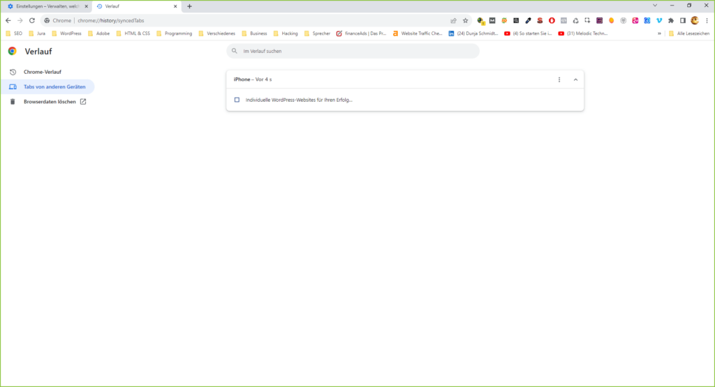 Google Chrome: Tabs von anderen Geräten auf PC öffnen (hier wird der Verlauf angezeigt)