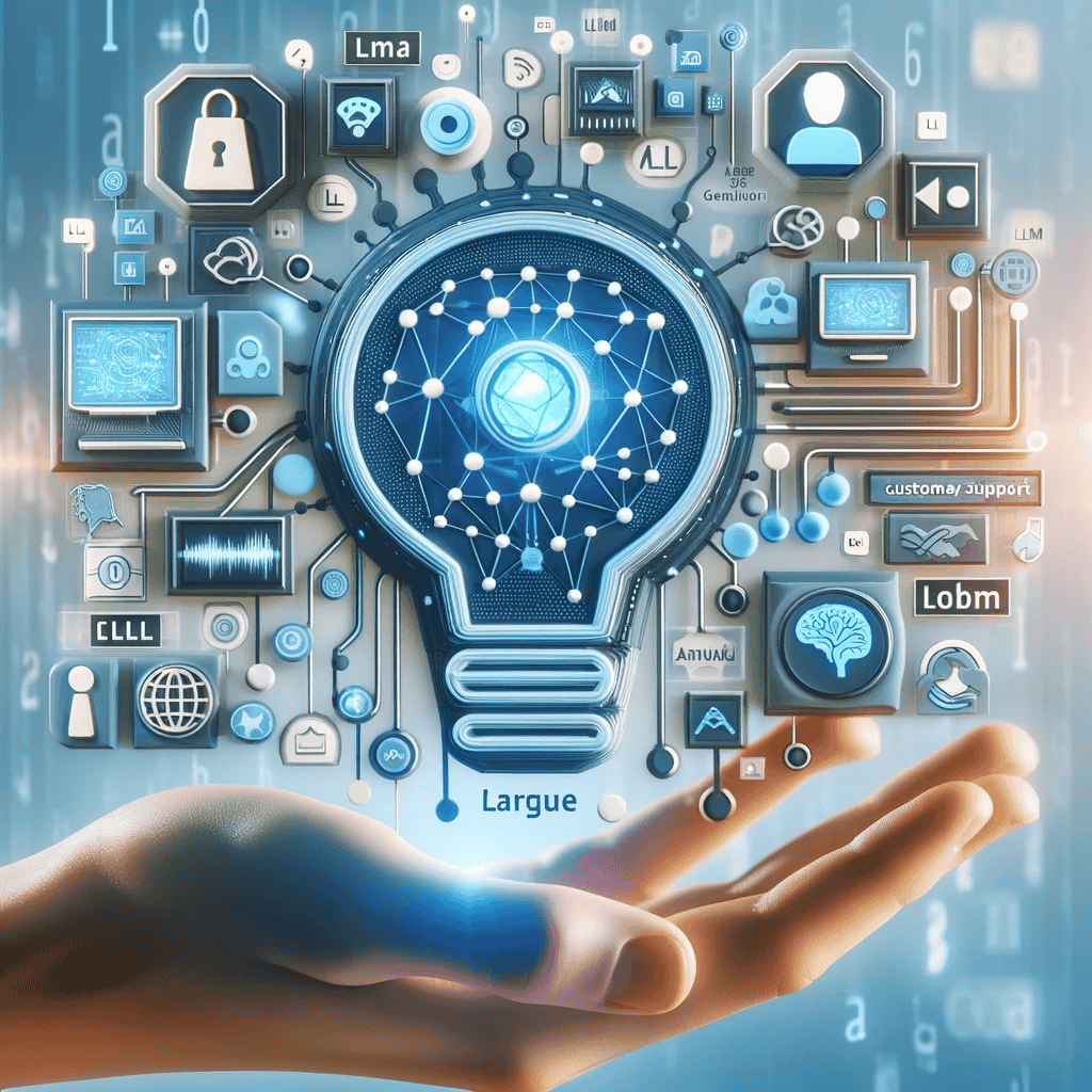Ein modernes und ansprechendes Bild, das das Konzept der Large Language Models (LLM) in der künstlichen Intelligenz zeigt. Es enthält Elemente wie neuronale Netze, digitale Daten und Symbole, die Content-Erstellung, Kundensupport und Übersetzung repräsentieren. Das Design ist technologieorientiert und sauber, mit einem futuristischen Look.