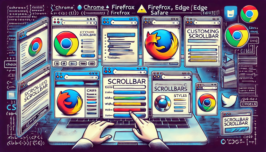 Illustration eines Computerbildschirms mit mehreren geöffneten Browserfenstern (Chrome, Firefox, Safari, Edge), die Webseiten mit verschieden gestalteten Scrollbars anzeigen. Im Hintergrund sind CSS-Snippets und ein Entwickler am Computer zu sehen, was den Prozess der Anpassung von Scrollbars in verschiedenen Browsern veranschaulicht.