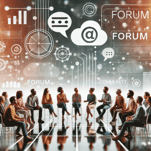 Eine lebhafte, diverse Gruppe von Menschen, die in einer interaktiven Diskussion engagiert sind, was eine Forum-Community symbolisiert. Verschiedene Altersgruppen und Ethnien sind zu sehen, während digitale Symbole und Sprechblasen die Kommunikation und den Austausch von Ideen darstellen. Der Hintergrund zeigt ein modernes, abstraktes digitales Design, das Vernetzung und Gemeinschaft widerspiegelt.