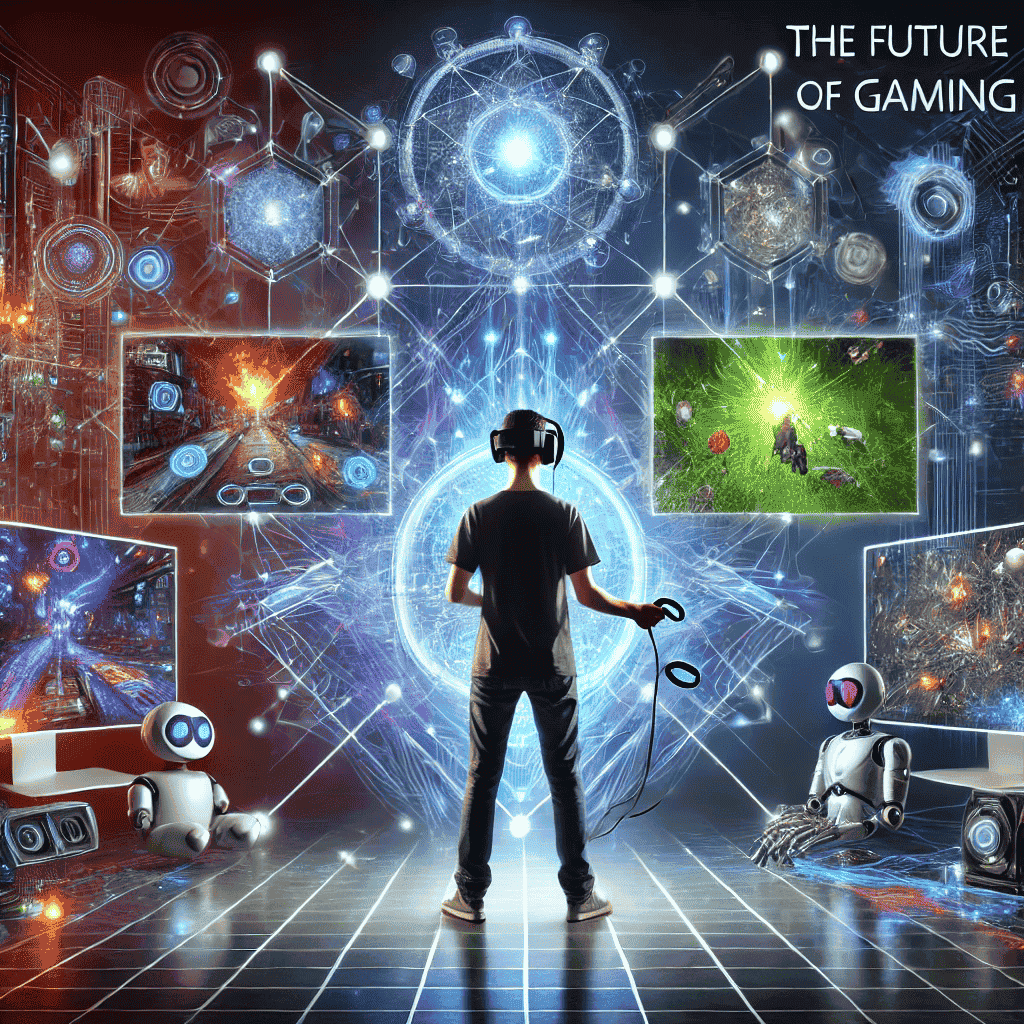 Ein futuristisches Bild, das die Zukunft des Gamings darstellt. Zu sehen ist eine Person mit einem modernen VR-Headset, umgeben von holographischen Spielwelten. Im Hintergrund leuchten künstliche neuronale Netzwerke und Roboterarme, die die Integration von Technologie und Gaming symbolisieren. Dynamische Beleuchtung und lebendige Farben unterstreichen den Innovationsgeist und die Evolution des Gamings.