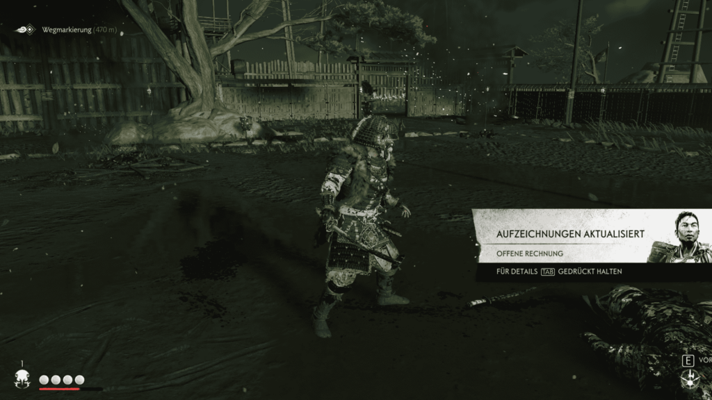 Auf dem Bild sieht man die Hauptfigur (den Samurai Jin Sakai) in dem Singleplayer Action-Adventure Spiel "Ghost of Tsushima" nach einem Kampf.