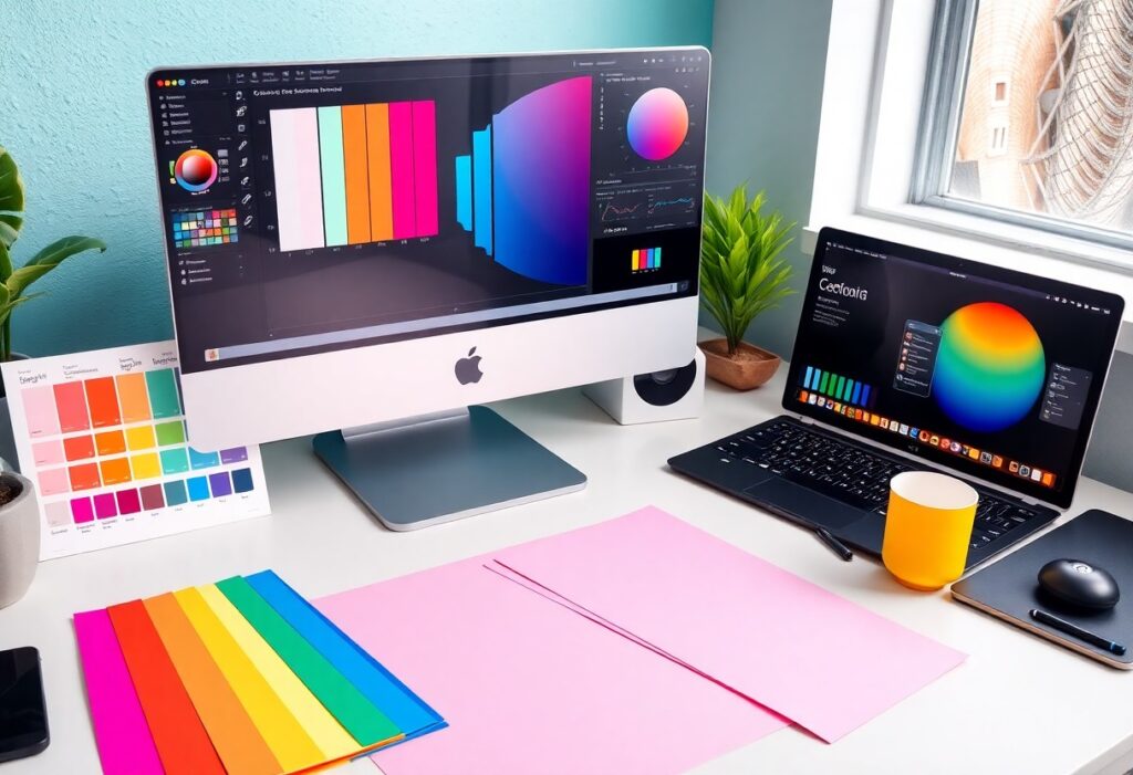 Ein stilvoller Arbeitsplatz mit einem iMac und einem Laptop, die beide Farbräder und Farbpaletten auf den Bildschirmen zeigen, die die Theorie der Komplementärfarben veranschaulichen. Der Schreibtisch ist minimalistisch gestaltet, mit Farbkarten in Regenbogenfarben, einer pinkfarbenen Unterlage und kleinen Pflanzen für einen kreativen Touch. Im Hintergrund sorgt ein hellblauer Wandton für eine harmonische Atmosphäre. Das Bild symbolisiert die praktische Anwendung von Farbharmonie im Webdesign.