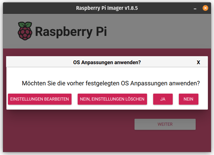 Eine Abbildung des Einrichtungsassistenten des Raspberry Pi Imager. Ein geöffnetes Fenster fragt den Benutzer, ob er die OS Anpassungen verwenden möchte.