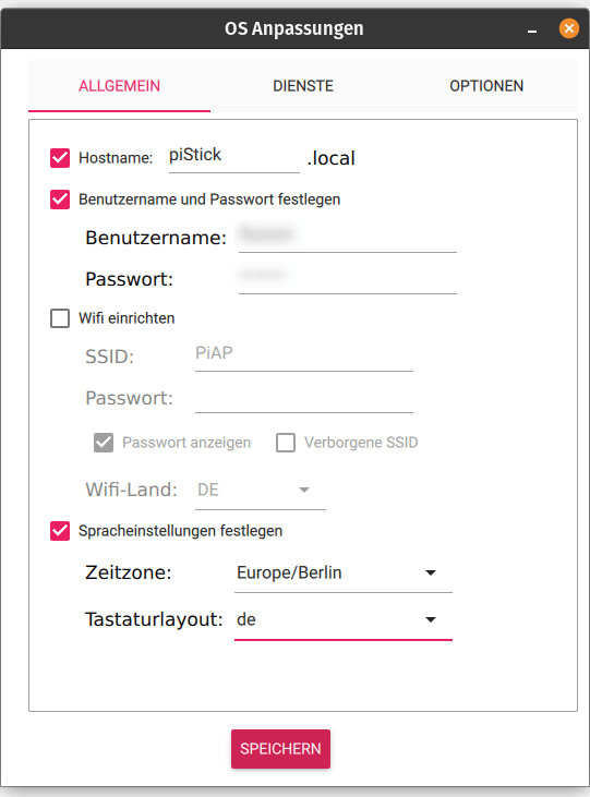 Darstellung des Reiters "ALLGEMEIN" der OS Anpassungen des Raspberry Pi Imager und die verschiedenen Einstellungsmöglichkeiten.